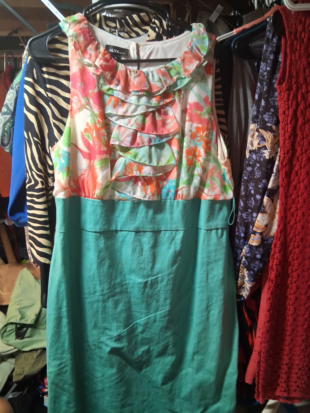 Alyx Green and Coral Floral Ruffled Sleeveless Dress